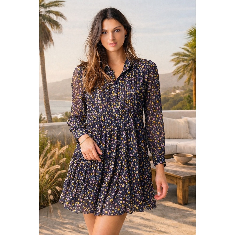 Zadig & Voltaire Rapidy Crinkle Print Etoi Dress Size‎ M Sheer Star Blue $348